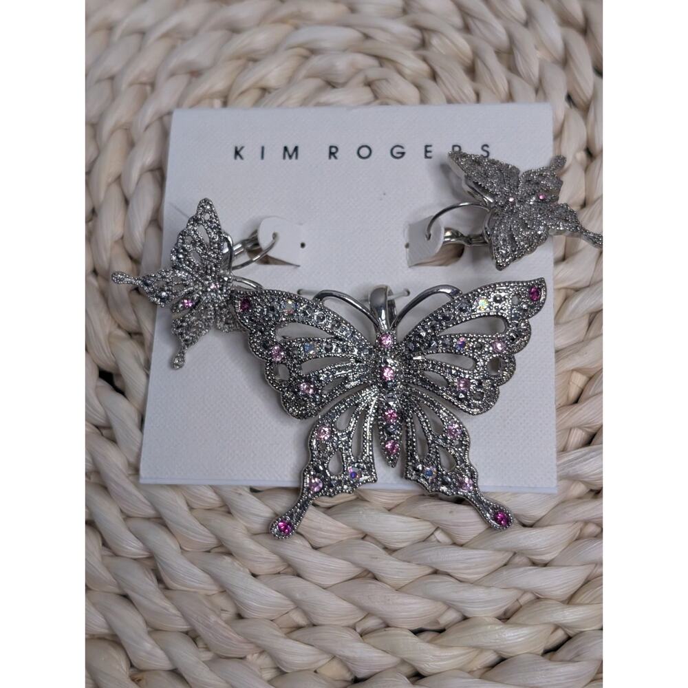 KIM ROGERS Silver-Tone Filigree Butterfly Brooch, Pendant & Earrings Set Pink - Picture 3 of 6